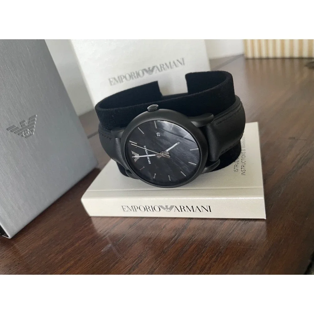 Emporio Armani Mens Classic Black Leather and Silicone Strap Watch AR1973